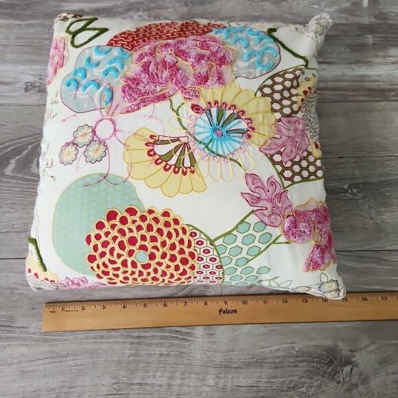 Pier 1 Imports Multicolored Floral Pastel Embroidered Pillow Pink Stripe Back - Picture 7 of 13
